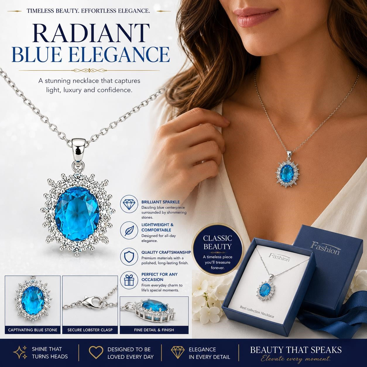 Elegant 2ct aquamarine style crystal pendant necklace with silver chain from Republic Mercantile, close-up view of the sparkling pendant.