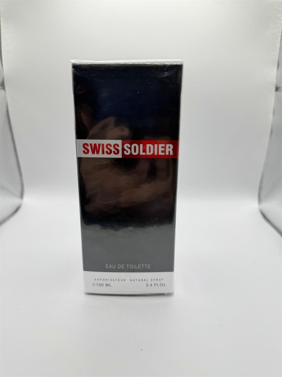 Swiss Soldier men's fragrance bottle, 3.4 fl oz, with sleek design and a modern, masculine appearance.