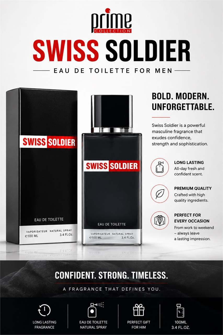 Swiss Soldier men's fragrance bottle shown, 3.4 fl oz, with a sleek design and masculine scent profile.