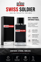Swiss Soldier men's fragrance bottle shown, 3.4 fl oz, with a sleek design and masculine scent profile.
