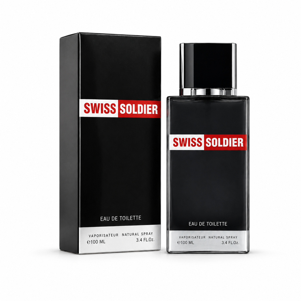 Swiss Soldier men's fragrance bottle, 3.4 fl oz, with a sleek design and masculine packaging visible in the image.
