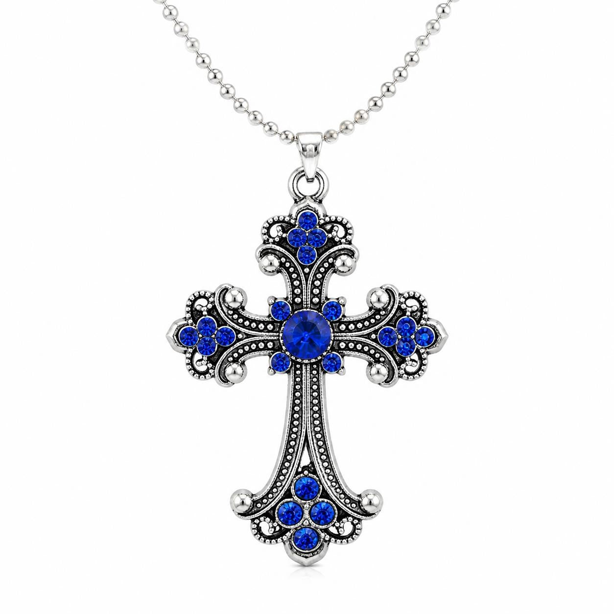 Large blue crucifix pendant necklace on silver chain by Republic Mercantile, featuring a detailed blue crucifix design.