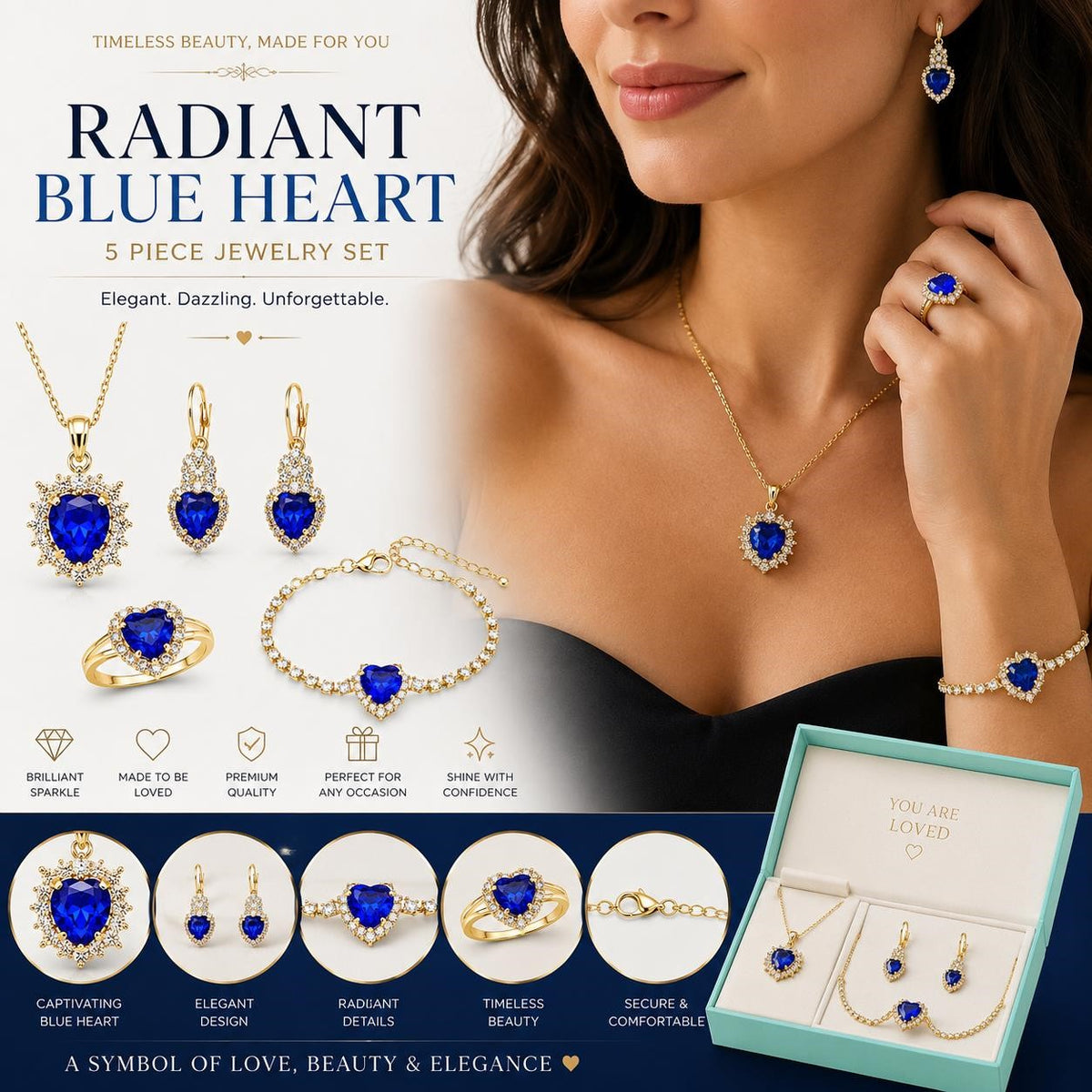Five-piece fashion jewelry set featuring sapphire heart pendant and cubic zirconia accents, stylish and elegant jewelry from Republic Mercantile