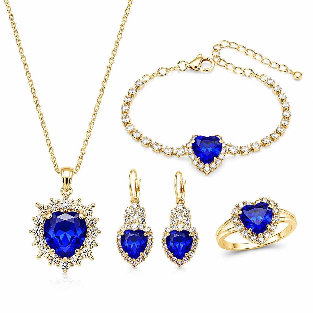 Five-piece fashion jewelry set with sapphire heart pendant and cubic zirconia accents, by Republic Mercantile.