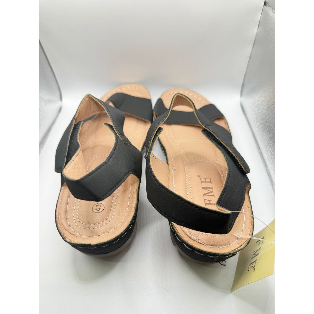 FME black full-strap comfort sandals for women, size 12, featuring cushioned straps and sturdy sole.