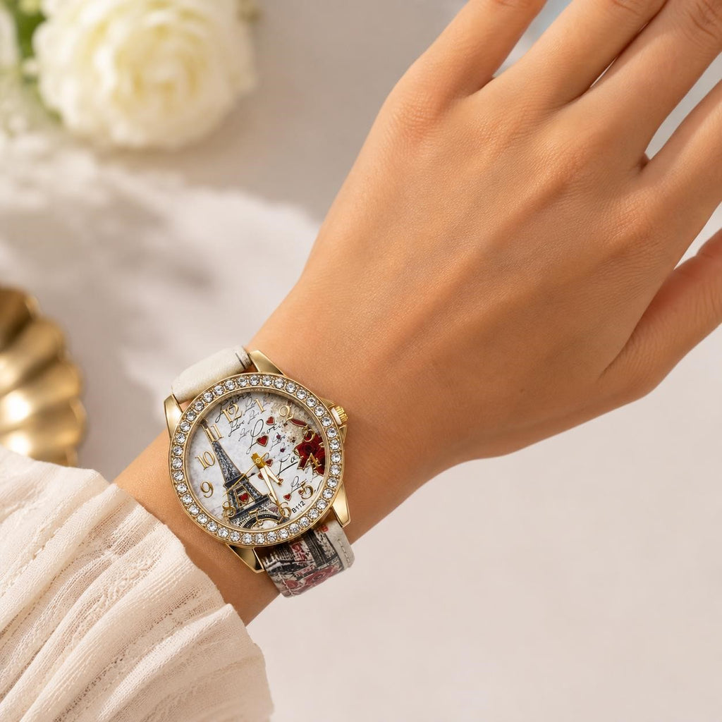 Eiffel Tower themed ladies watch strap band in black with Paris skyline details, designed by Republic Mercantile.