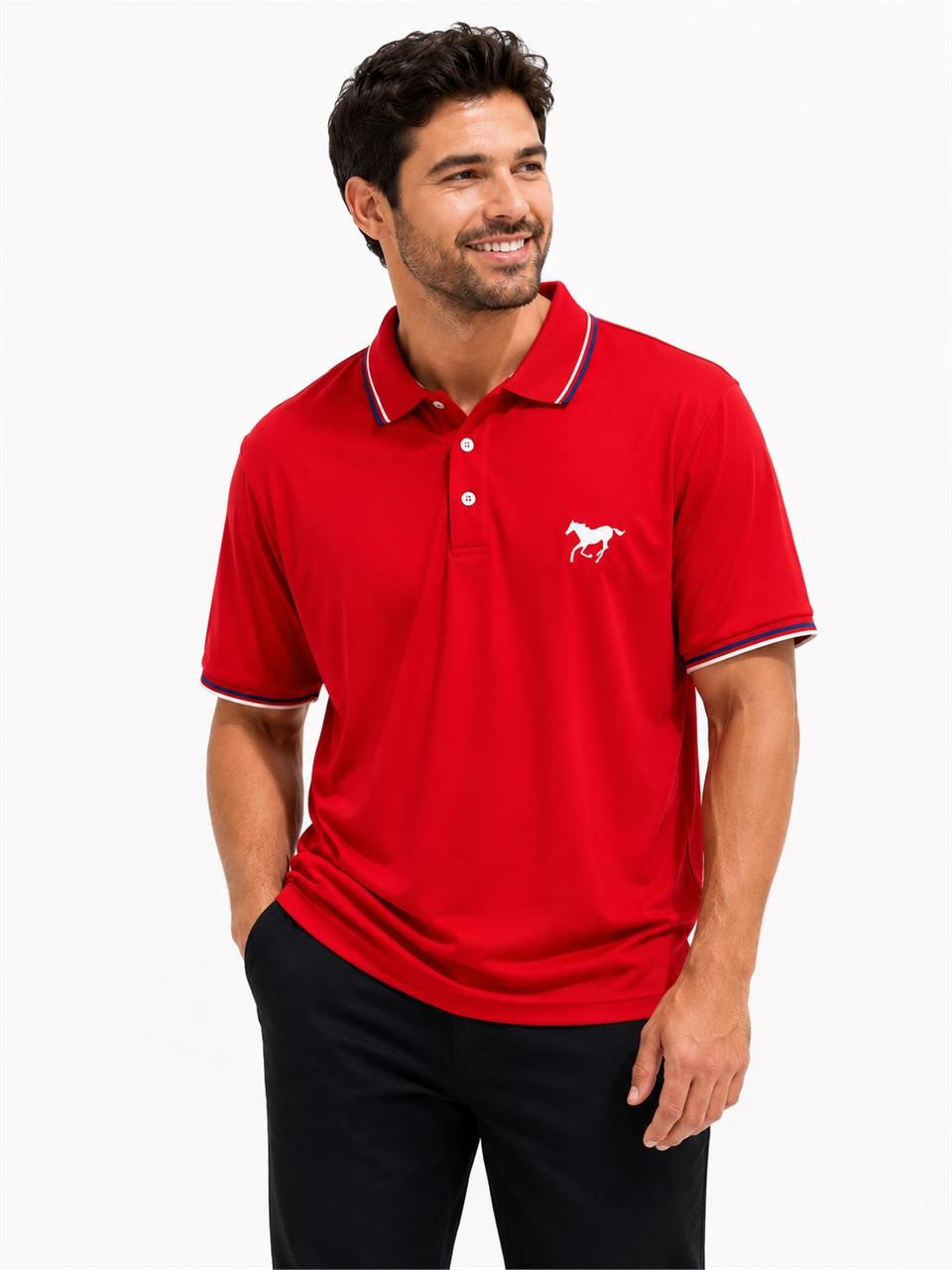 Men's red polo shirt by Republic Mercantile, size XL, shown laid flat, highlighting classic collar and short sleeves.