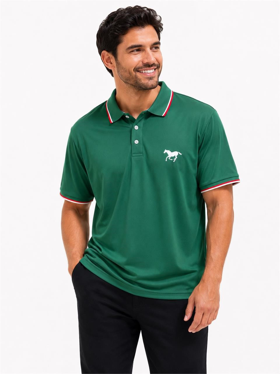 Men's green Republic Mercantile polo shirt in size XL, featuring a classic collar and short sleeves, displayed on a hanger.