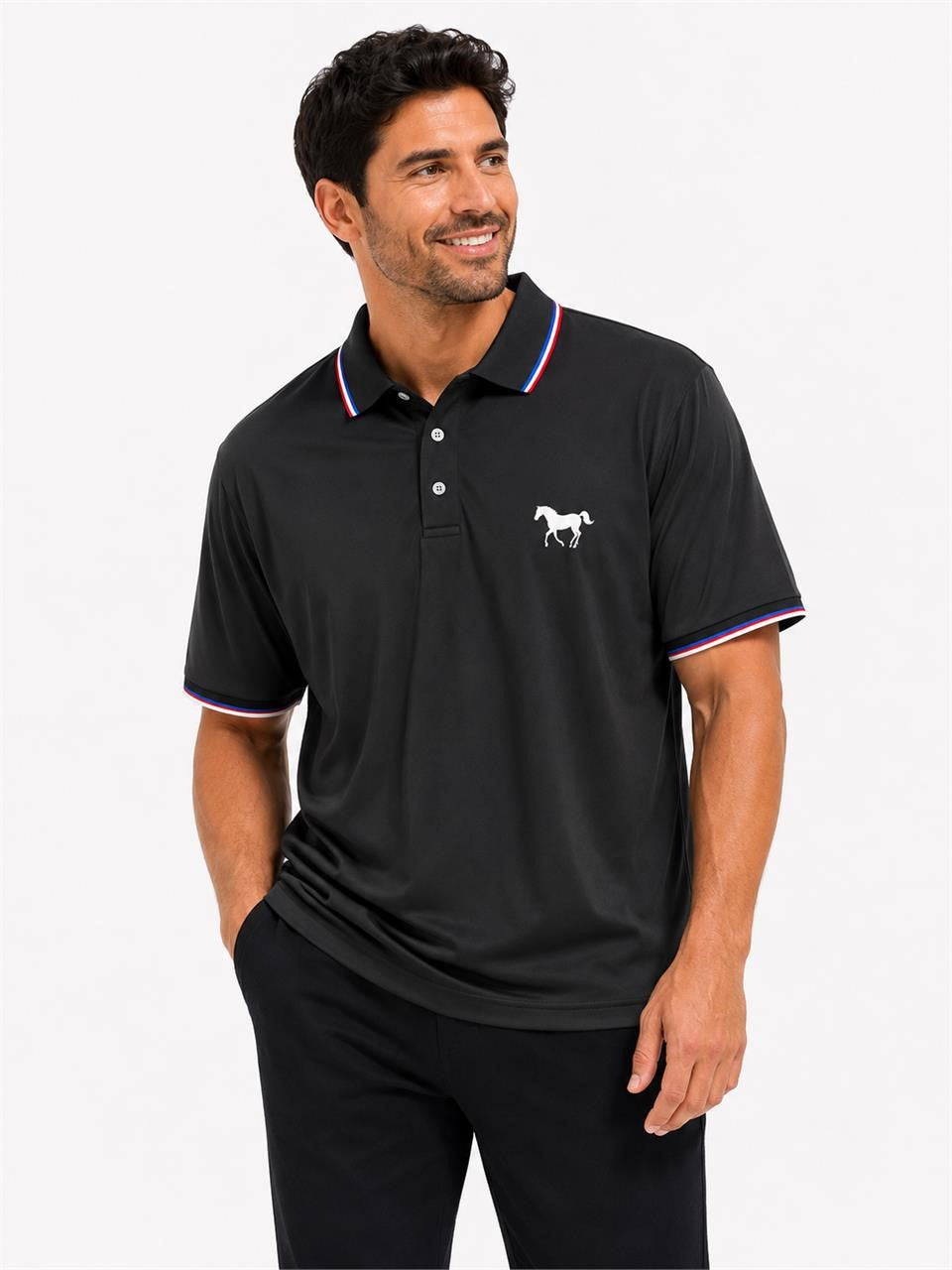 Men's black polo shirt in size XL by Republic Mercantile, shown laid flat with short sleeves and classic collar.