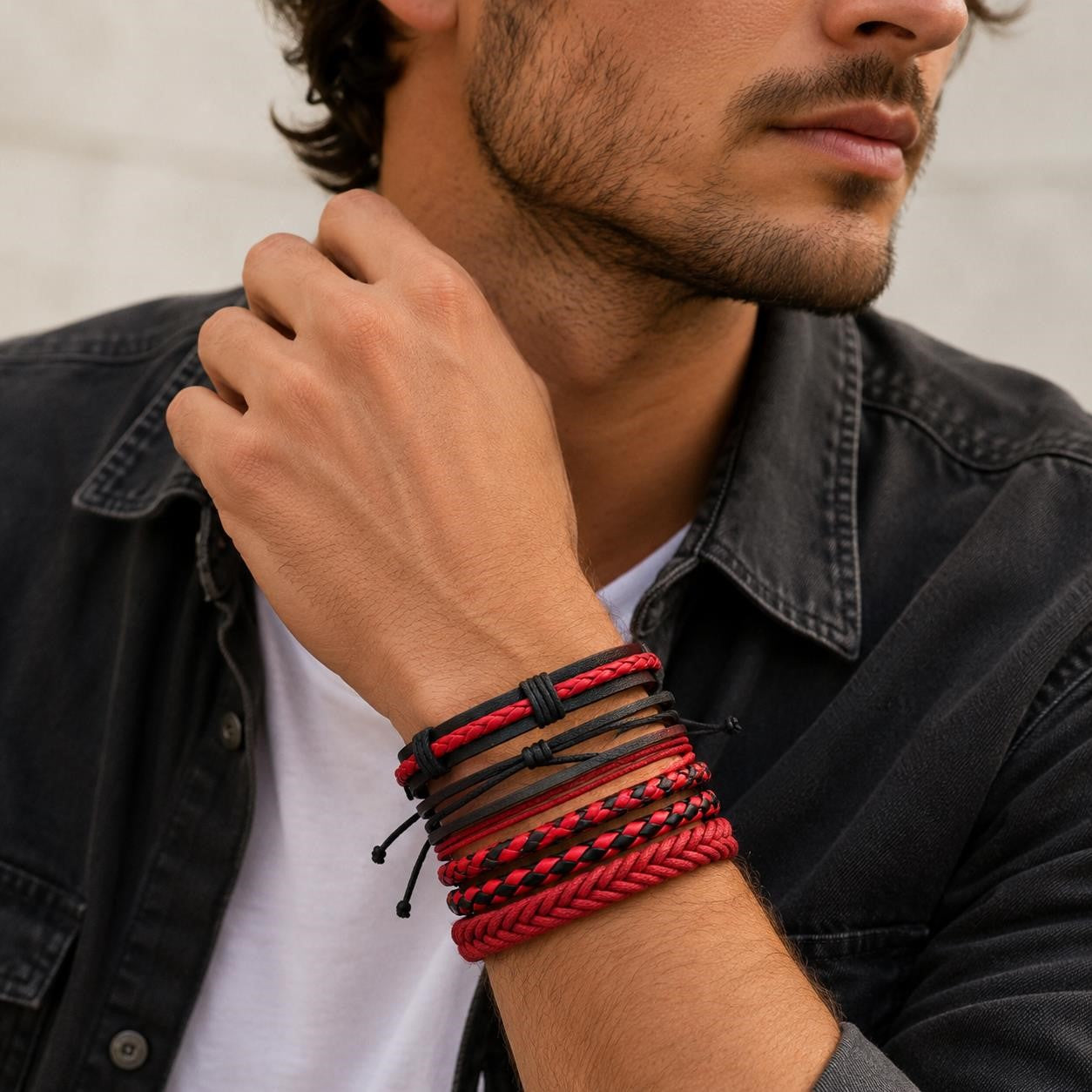 Red handcrafted 5 strand boho leather bracelet by Republic Mercantile with adjustable closure and detailed bead accents.