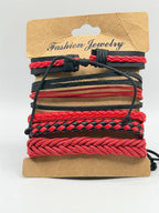Red handcrafted 5 strand boho leather bracelet by Republic Mercantile featuring layered leather strands and adjustable clasp.