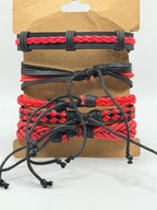 Red handcrafted 5 strand boho leather bracelet by Republic Mercantile, featuring layered leather strands and rustic design.