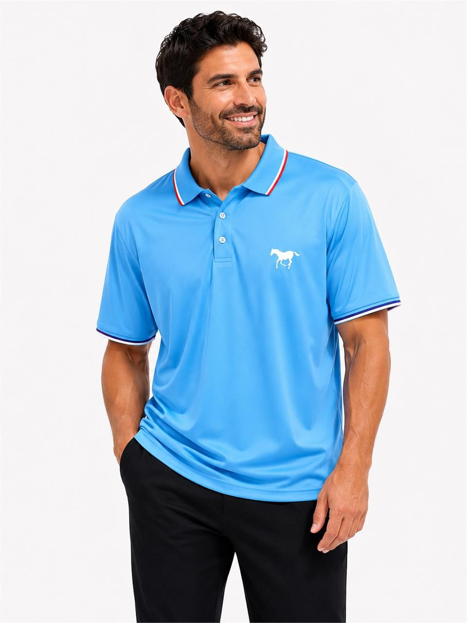 Men's light blue polo shirt in size XL by Republic Mercantile, laid flat showing collar, buttons, and short sleeves.