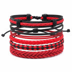 Red handcrafted 5 strand BOHO leather bracelet by Republic Mercantile featuring layered leather strands and bohemian style.