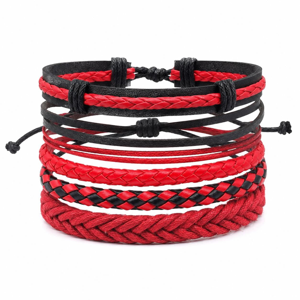 Red handcrafted 5 strand BOHO leather bracelet by Republic Mercantile featuring layered leather strands and bohemian style.