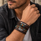 Handcrafted brown leather boho bracelet with six strands from Republic Mercantile, featuring a rustic, stylish design.