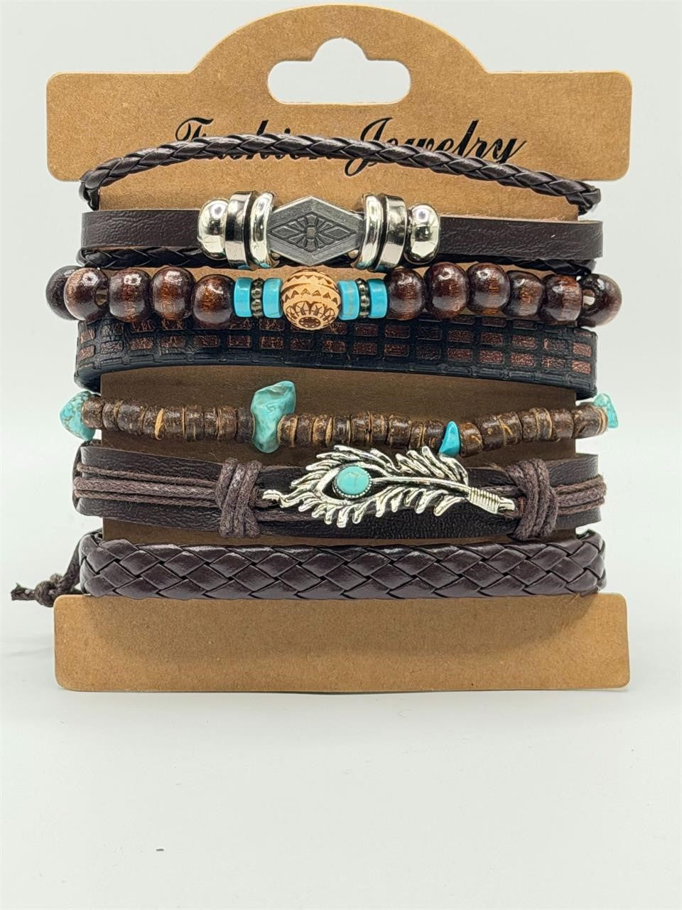 Handcrafted brown leather bracelet with six strands, boho style, by Republic Mercantile, featuring intricate woven design.