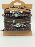 Handcrafted brown leather bracelet with six strands, boho style, by Republic Mercantile, featuring intricate woven design.