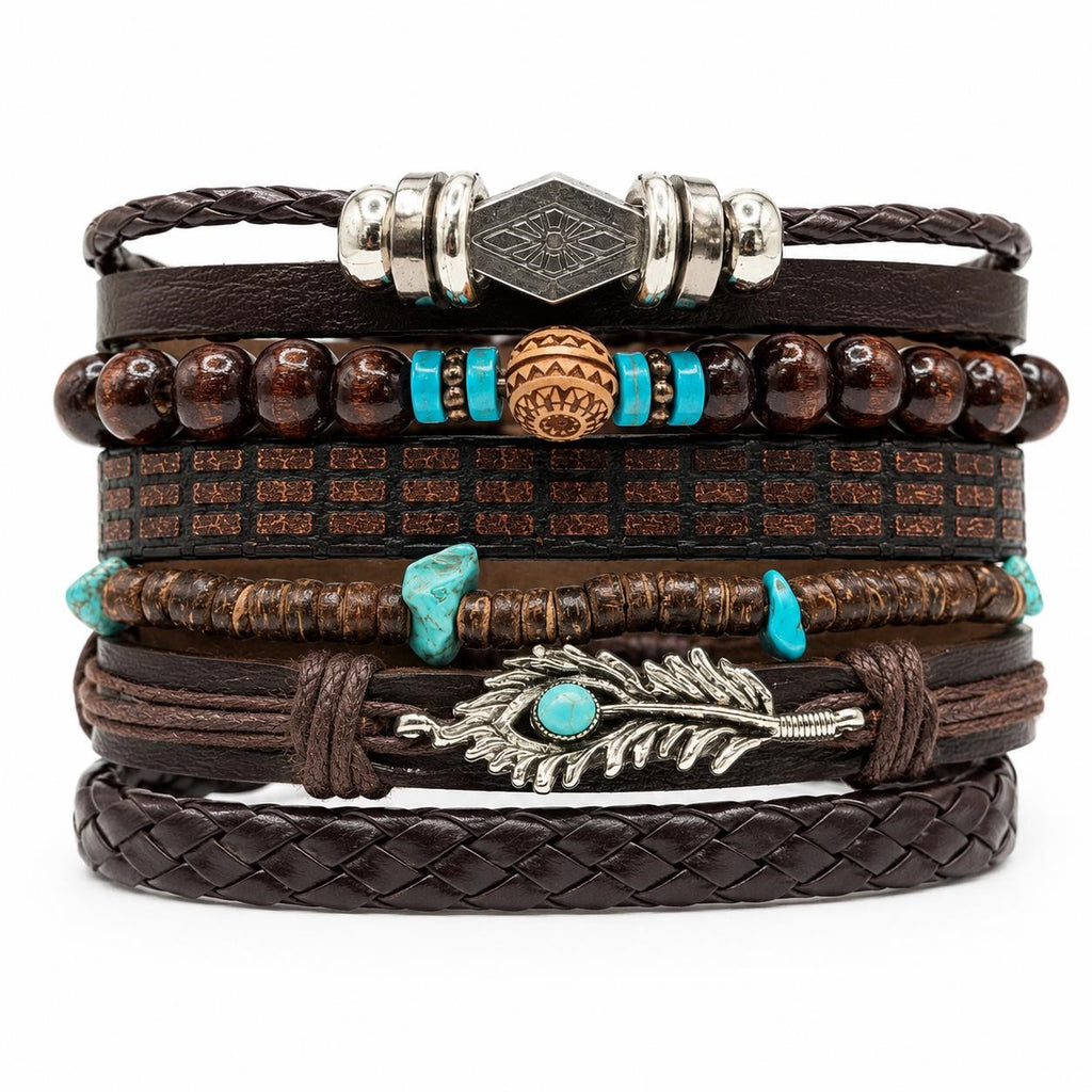 Handcrafted brown 6-strand boho leather bracelet by Republic Mercantile, featuring layered leather strands and adjustable closure.