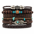 Handcrafted brown 6-strand boho leather bracelet by Republic Mercantile, featuring layered leather strands and adjustable closure.