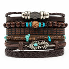 Handcrafted brown 6-strand boho leather bracelet by Republic Mercantile, featuring layered leather strands and adjustable closure.