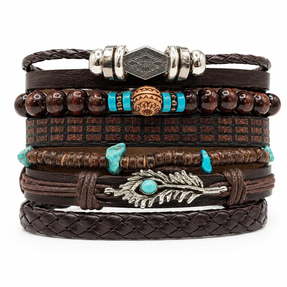 Handcrafted brown 6-strand boho leather bracelet by Republic Mercantile, featuring layered leather strands and adjustable closure.