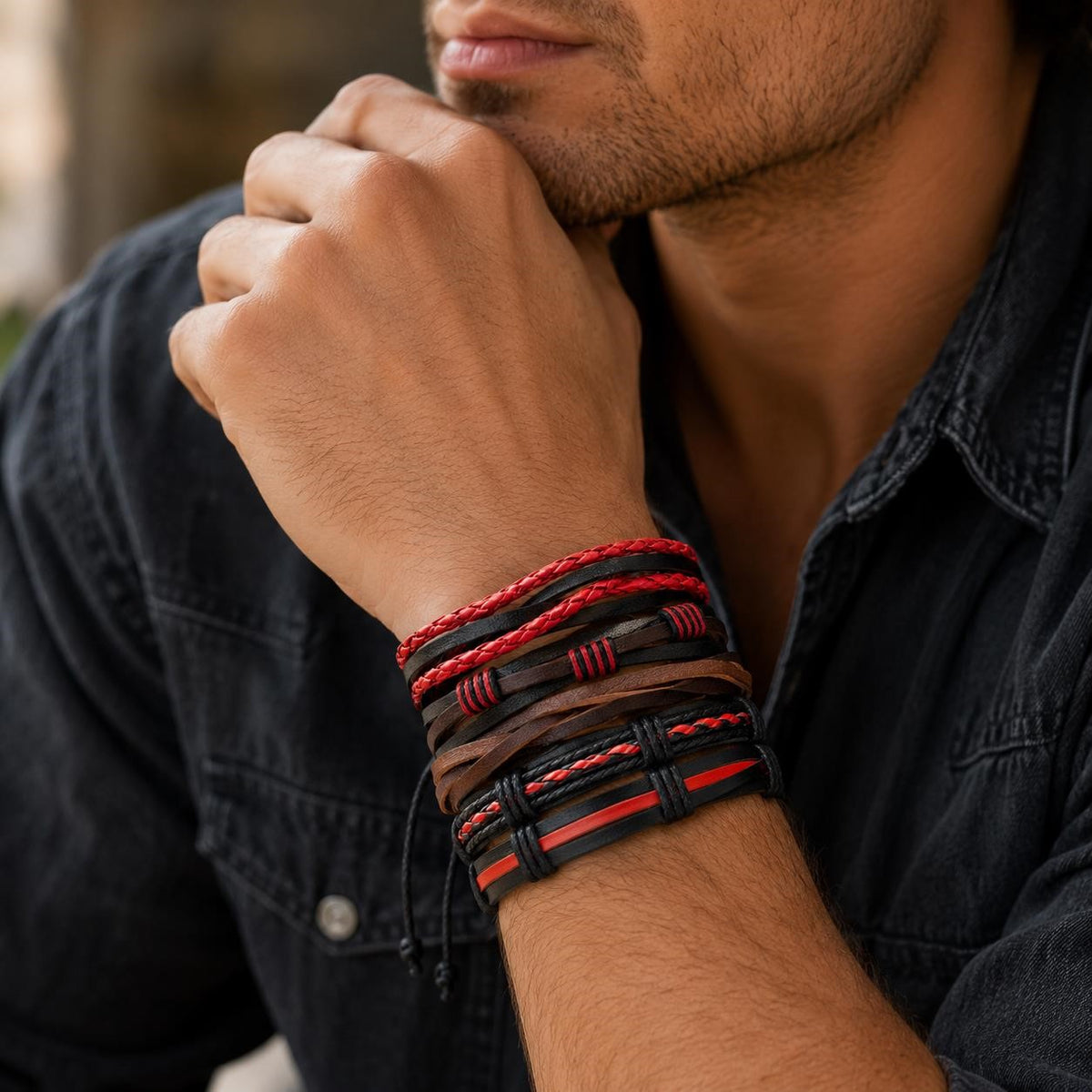 Handcrafted red leather boho bracelet with five strands from Republic Mercantile, featuring artisanal braided design.
