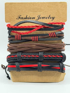 Handcrafted red 5 strand boho leather bracelet by Republic Mercantile with woven leather strands and adjustable closure.