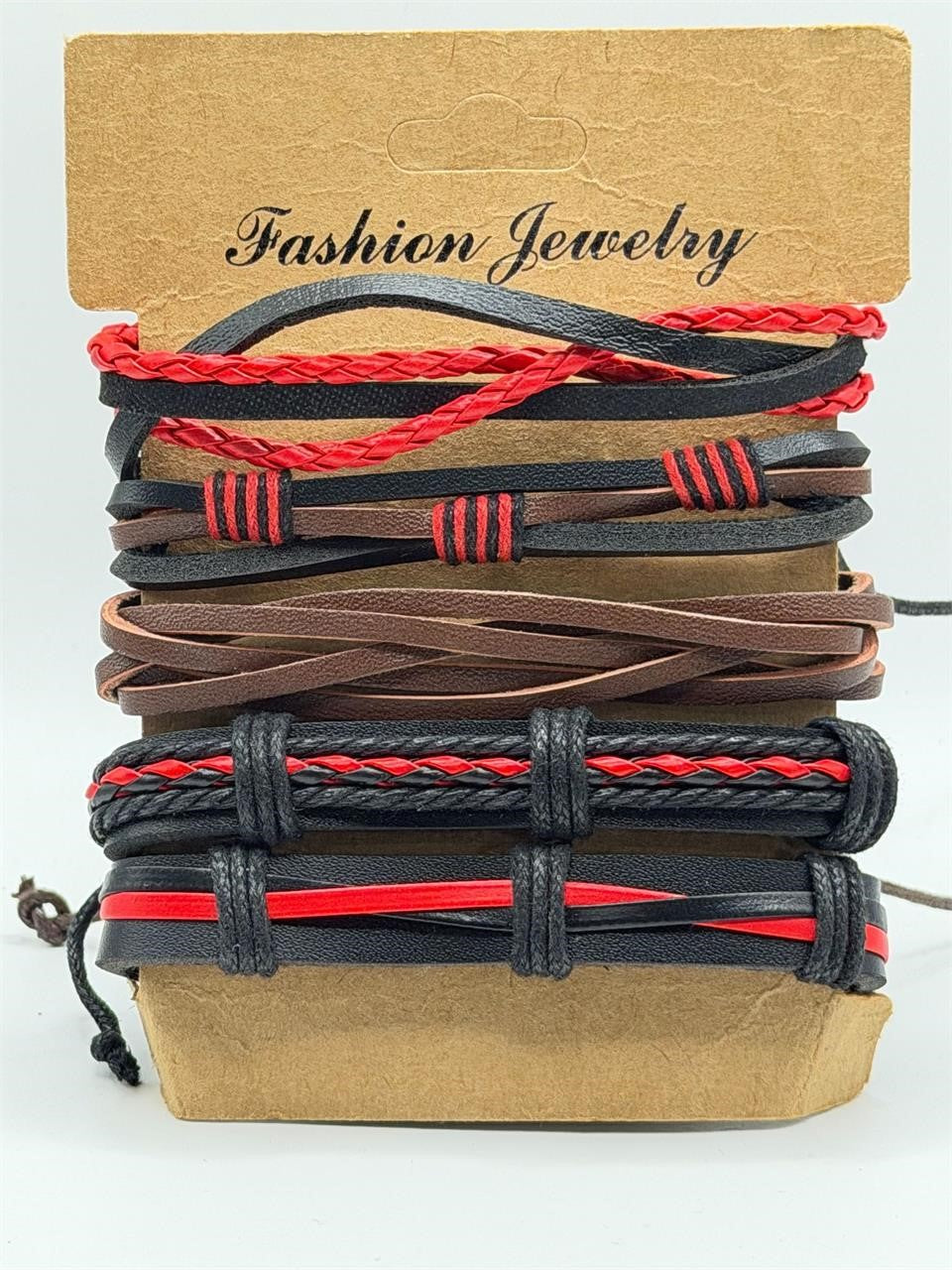 Handcrafted red 5 strand boho leather bracelet by Republic Mercantile with woven leather strands and adjustable closure.