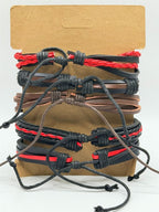 Red handcrafted 5 strand boho leather bracelet by Republic Mercantile featuring braided design and adjustable closure.