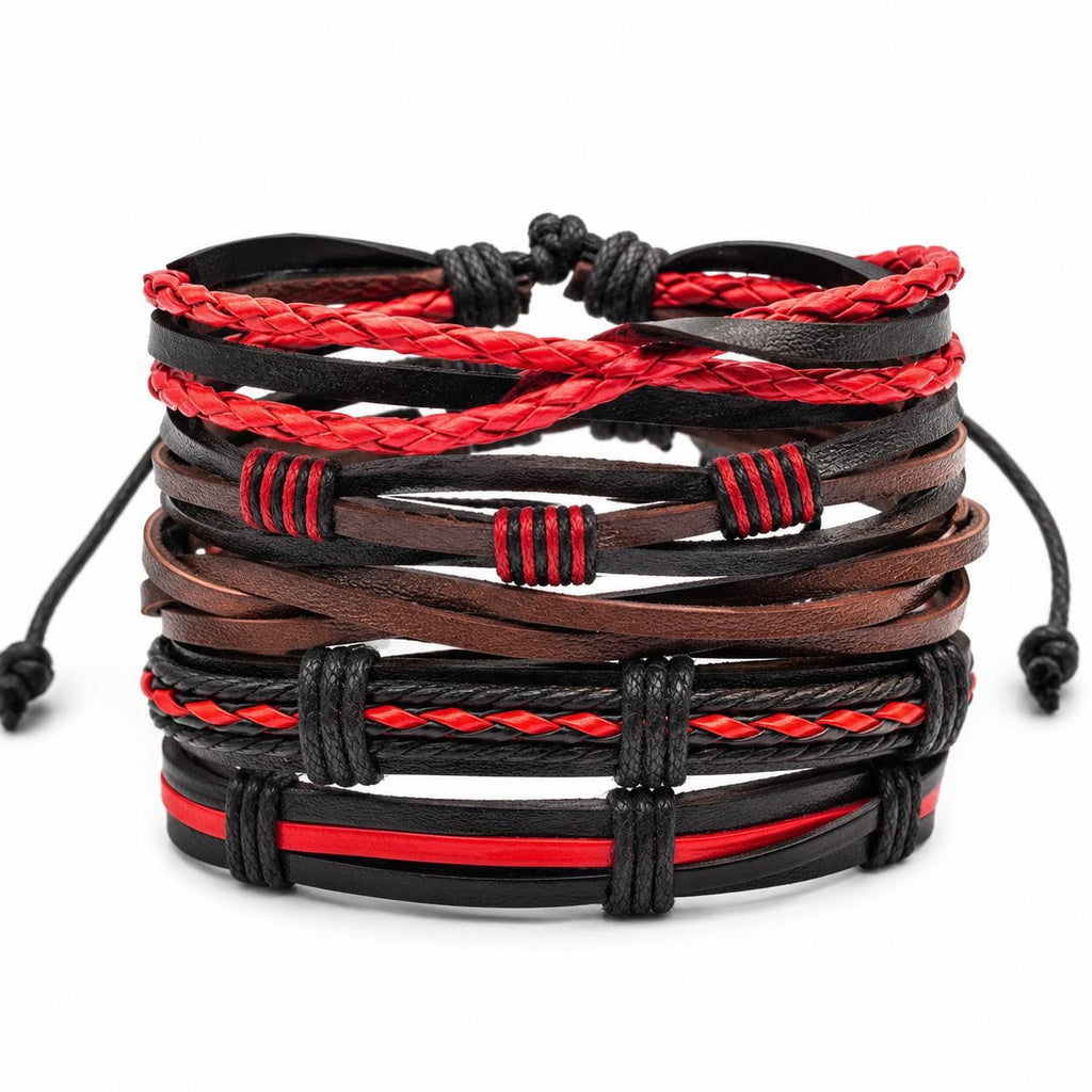 Handcrafted 5 strand boho leather bracelet in red from Republic Mercantile featuring braided leather strands and adjustable closure.