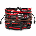 Handcrafted 5 strand boho leather bracelet in red from Republic Mercantile featuring braided leather strands and adjustable closure.