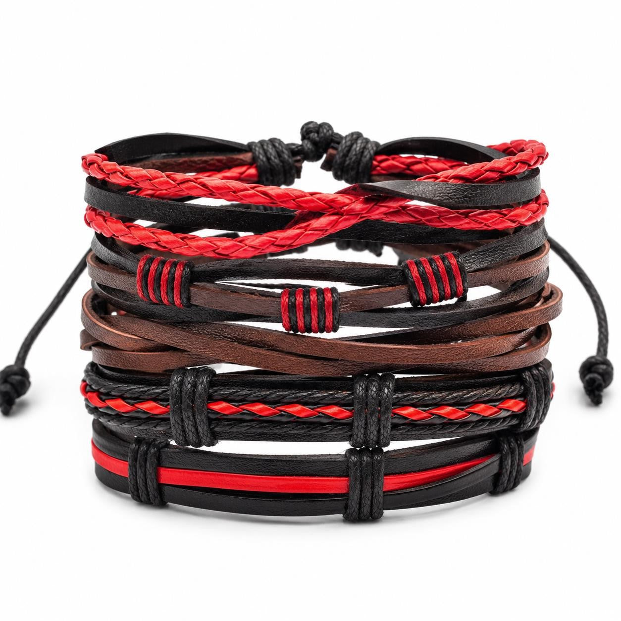 Handcrafted 5 strand boho leather bracelet in red from Republic Mercantile featuring braided leather strands and adjustable closure.
