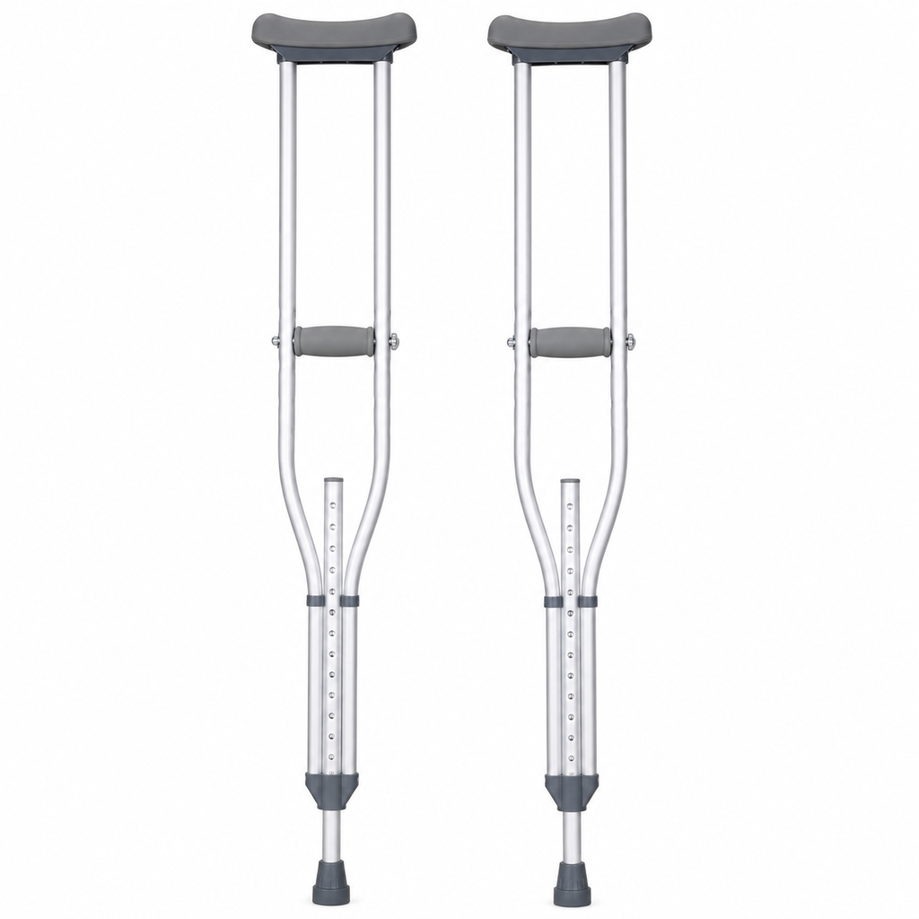 Pair of lightweight aluminum underarm crutches by Republic Mercantile, with padded underarm supports and adjustable height features.