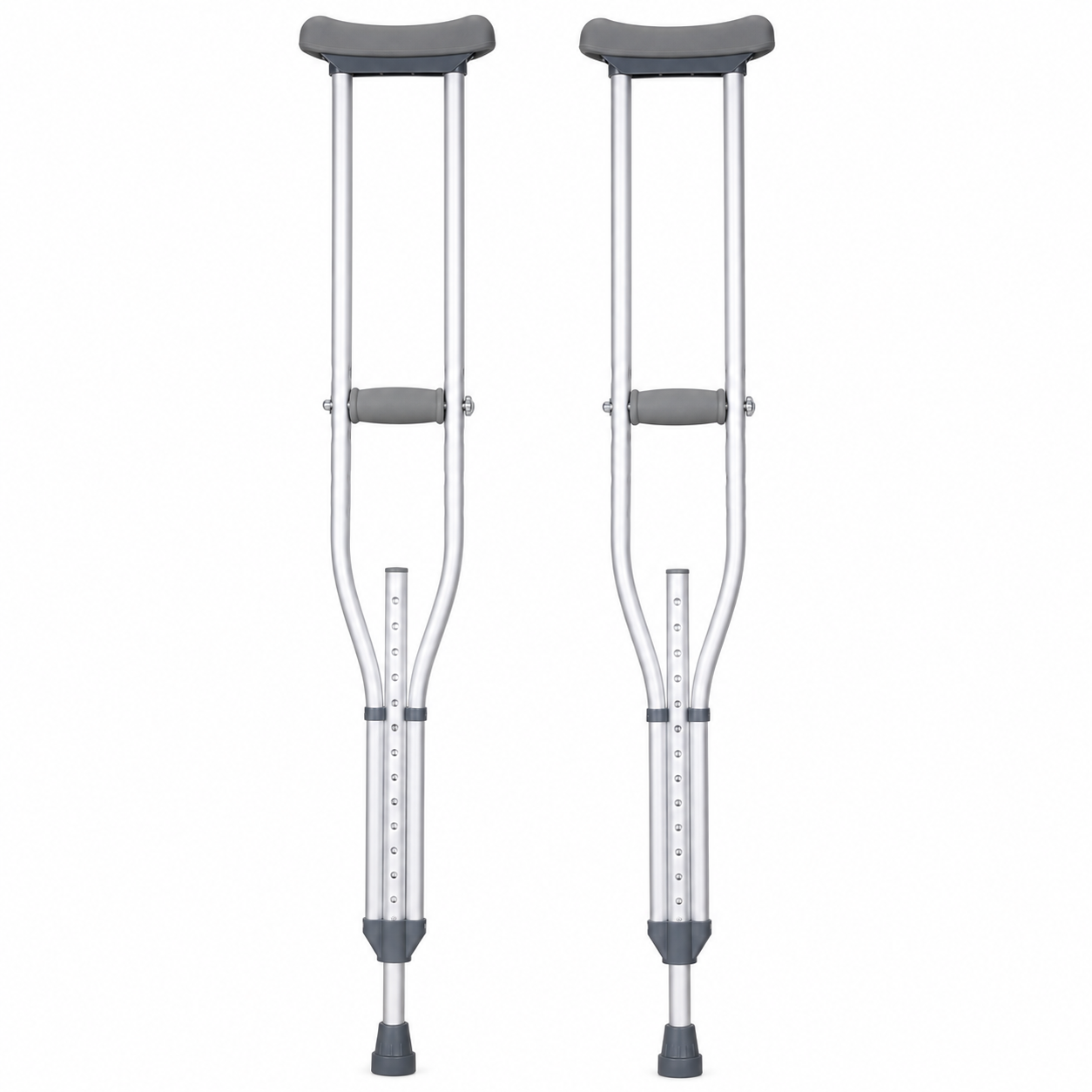 Pair of lightweight aluminum underarm crutches by Republic Mercantile, with padded underarm supports and adjustable height features.