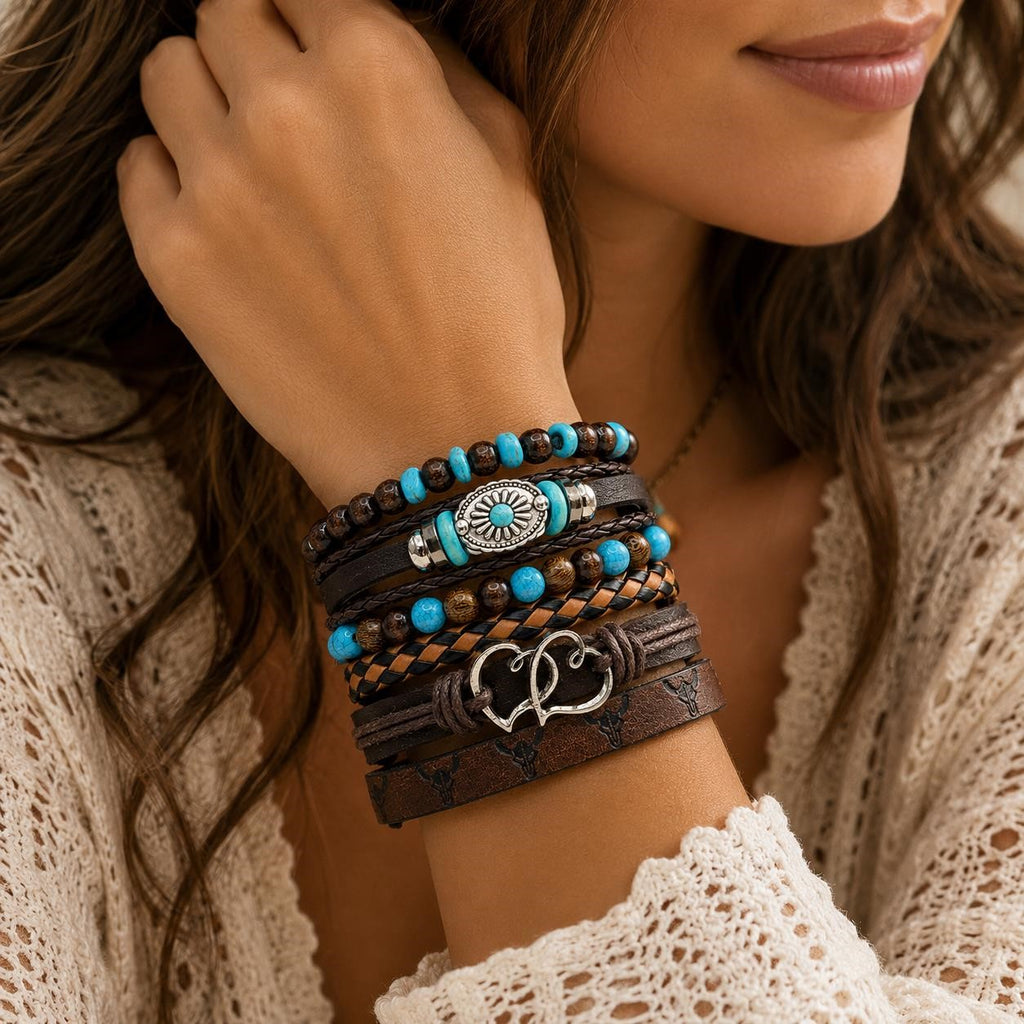 Handcrafted brown 6-strand BOHO leather bracelet by Republic Mercantile, featuring intricate woven design and adjustable closure.