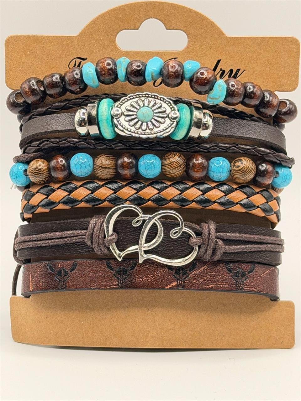 Handcrafted brown 6-strand boho leather bracelet from Republic Mercantile, featuring intricate woven design and adjustable closure.