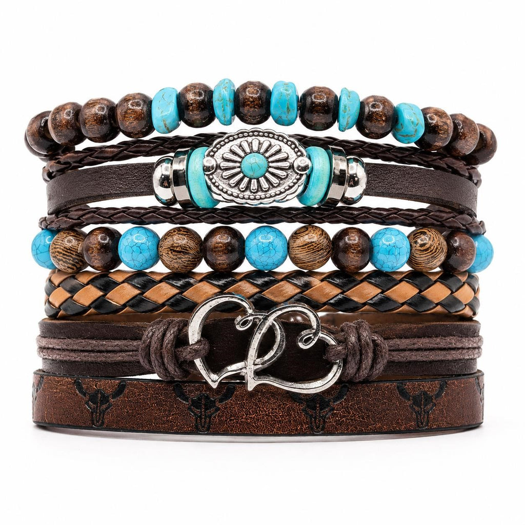 Handcrafted brown 6-strand BOHO leather bracelet from Republic Mercantile, featuring woven design and adjustable closure.