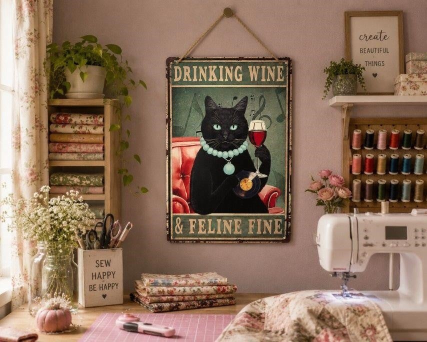 8x12 inch Republic Mercantile metal wall art featuring a wine glass and the phrase "Feeling Drinking Wine" in a stylish design.
