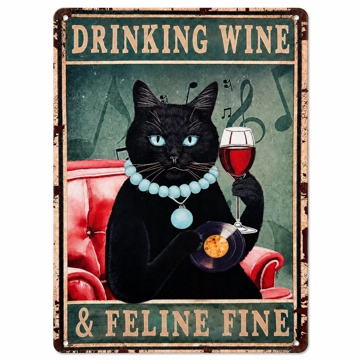 Republic Mercantile 8x12 inch metal wall art featuring a wine glass and the phrase "Feeling Drinking Wine" in a stylish design.