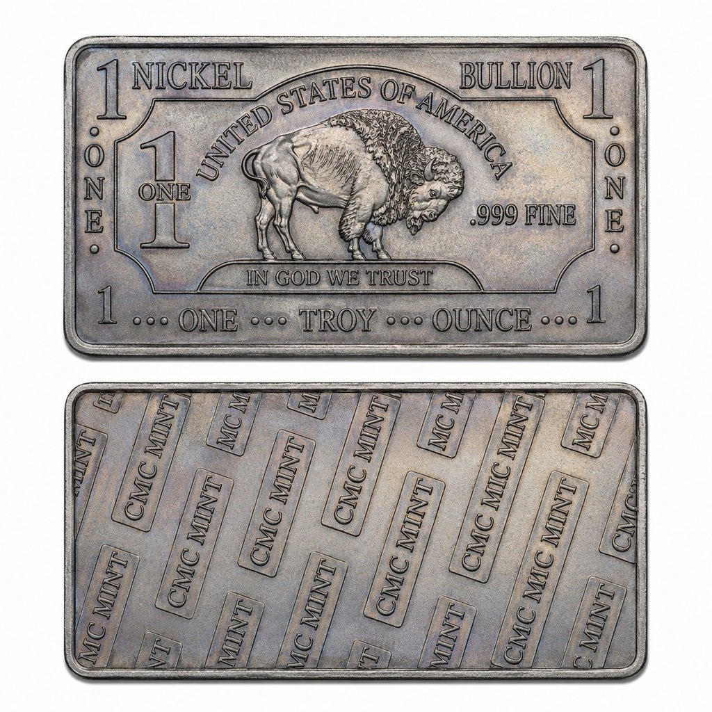 Close-up of a 1 Troy oz .999 Nickel Collectible Bar from CMC Mint, showing detailed minting and branding on the bar.