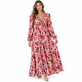 Shewin women's boho midi floral summer dress with long sleeves, size M, featuring a flowy, bohemian style and vibrant floral pattern.