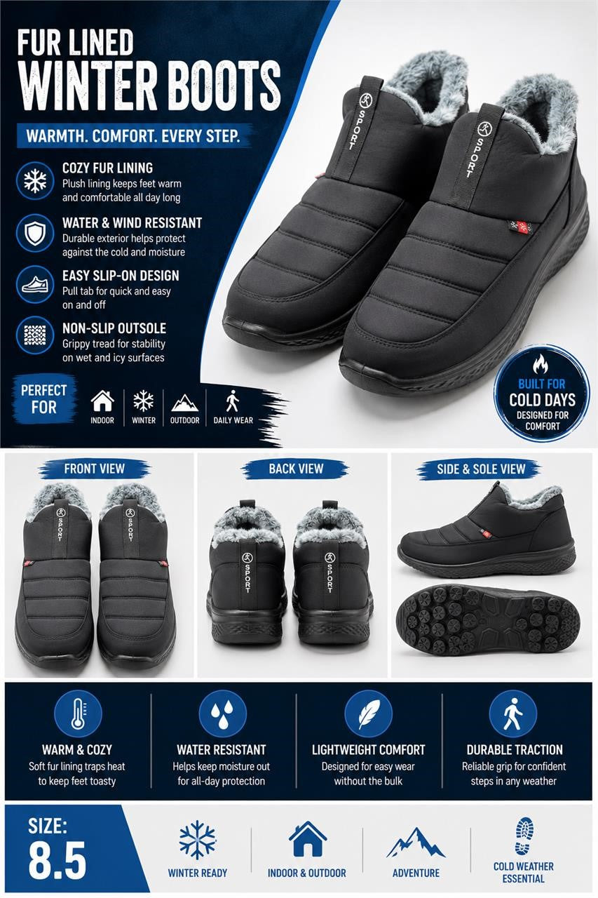 Republic Mercantile fur-lined winter sport boots in size 8.5 with rugged waterproof design and warm, insulated interior.