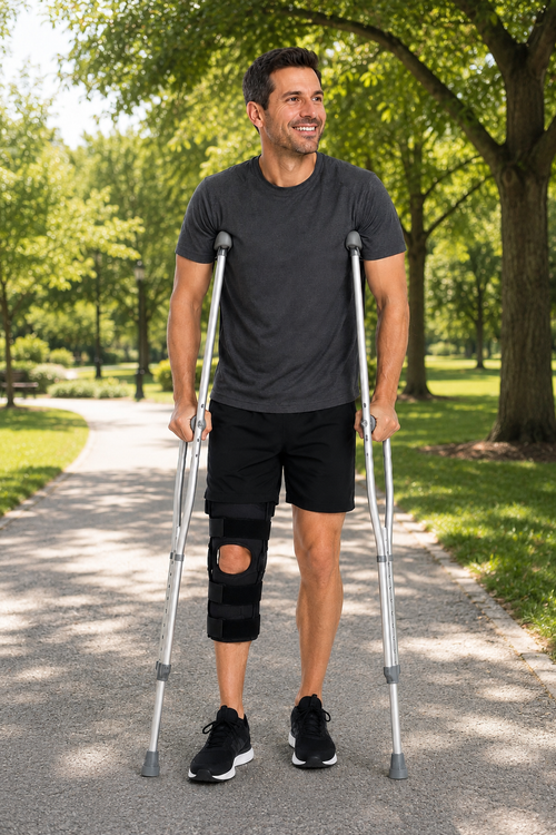 Pair of lightweight aluminum underarm crutches by Republic Mercantile, with adjustable height and cushioned grips for support.