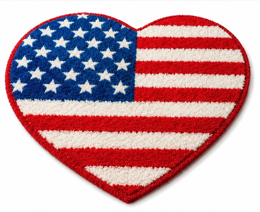 USA 16-inch flag heart non-slip rug with bold red, white, and blue colors and a heart-shaped American flag design.