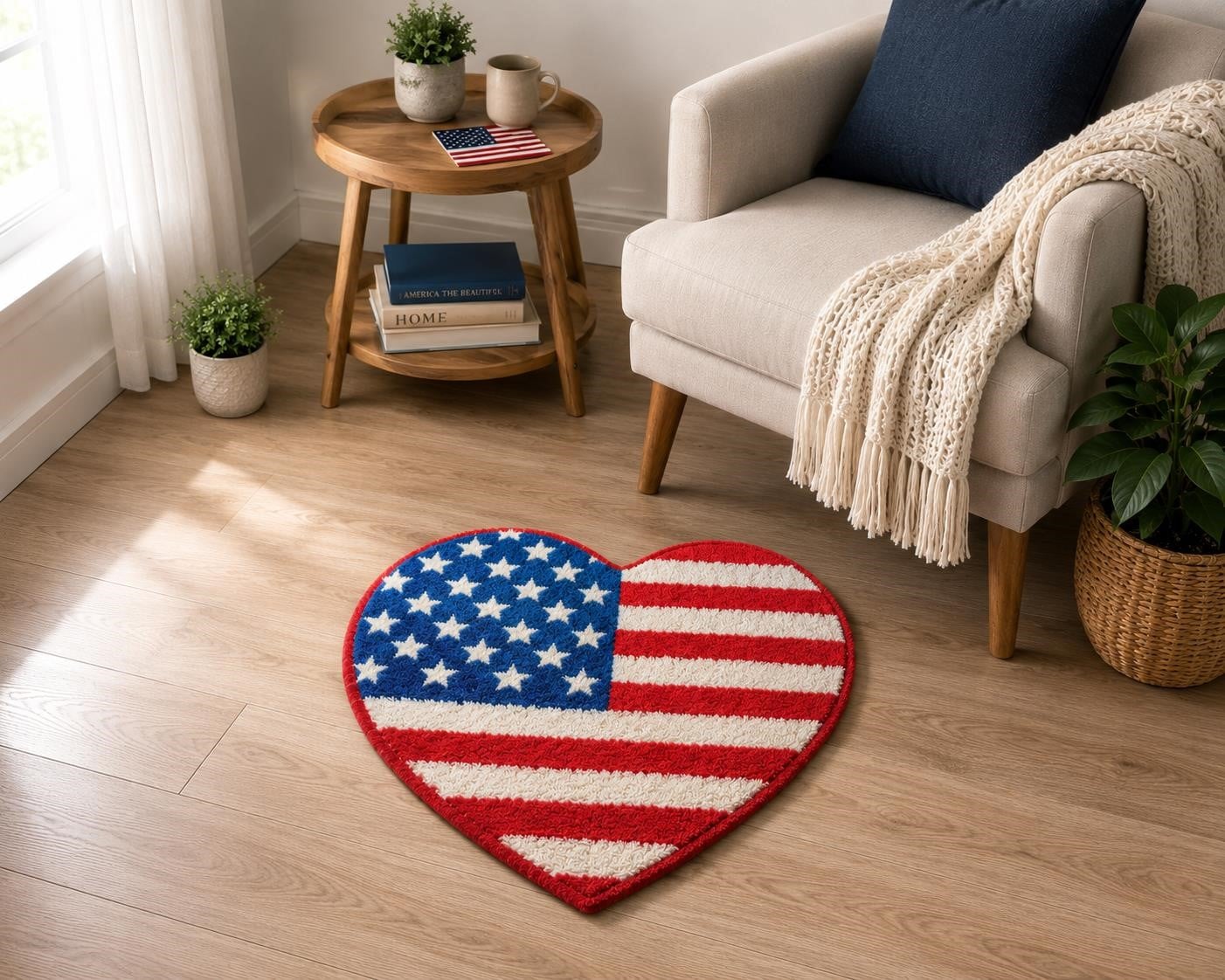 USA 16-inch flag heart-shaped non-slip rug with red, white, and blue stars and stripes, perfect for patriotic home decor.