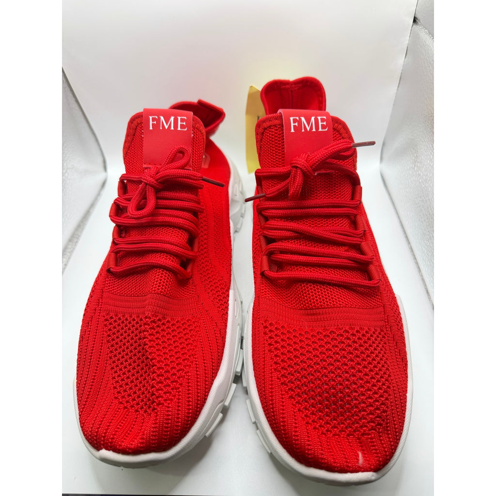 FME athletic sneakers in red and white, unisex style, featuring sporty design and white laces, size women's 11.5 and men's 10.