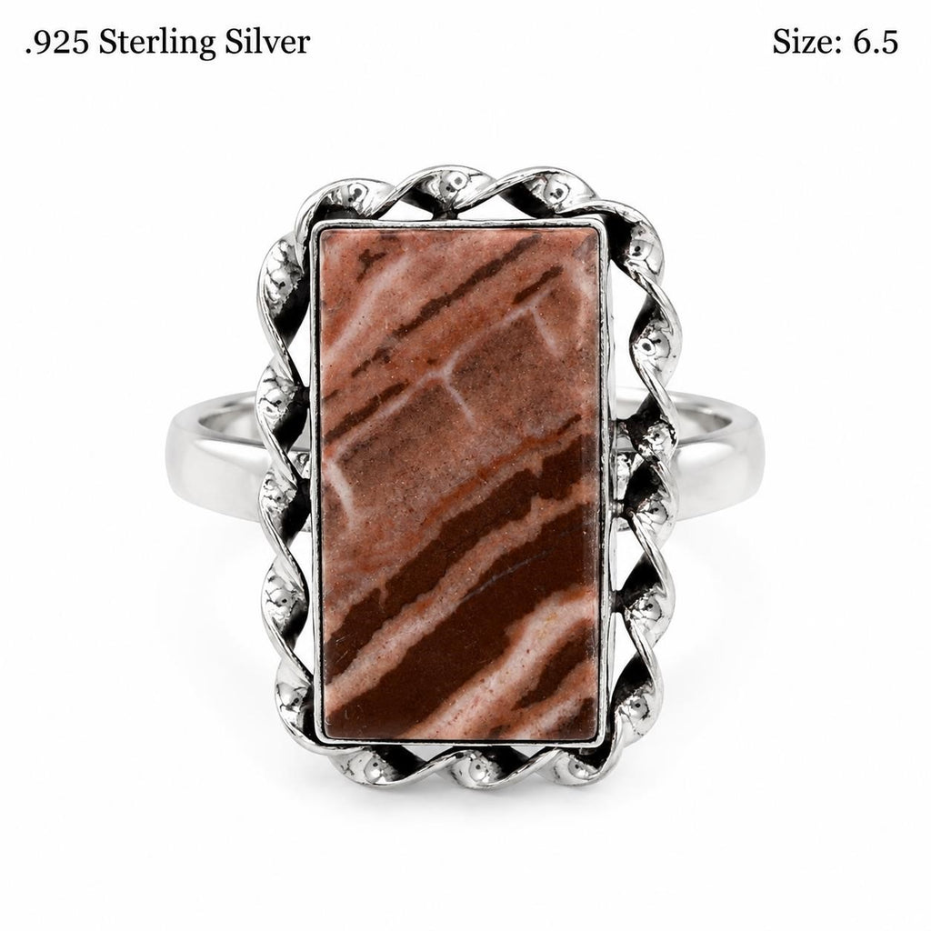 Sterling silver ladies ring with striped red Jasper gemstone, size 6.5, featuring a polished band and vibrant stone detail.