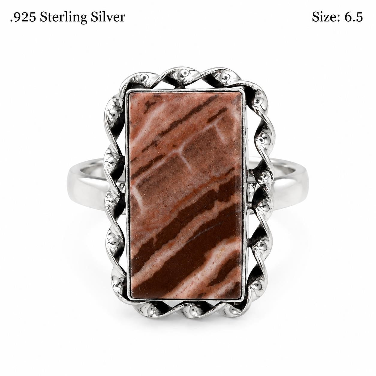 Sterling silver ladies ring with striped red Jasper gemstone, size 6.5, featuring a polished band and vibrant stone detail.