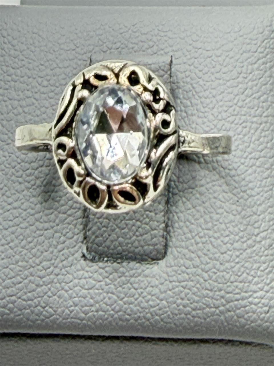 Ladies .925 sterling silver oval crystal ring with clear faceted design, size 6.5, by Republic Mercantile.
